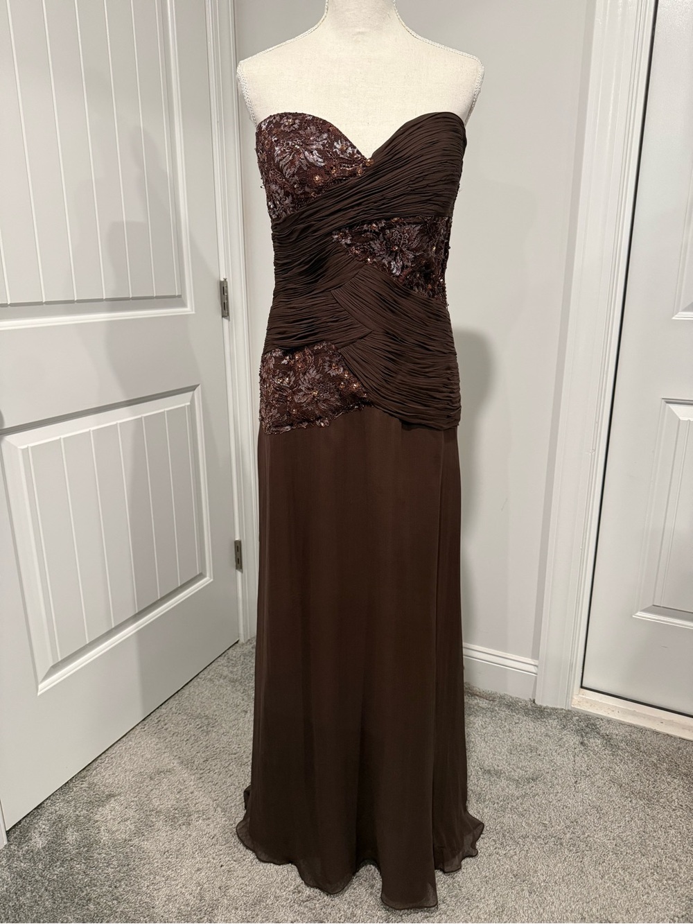 Strapless Brown Evening Gown with Sequin Bodice
